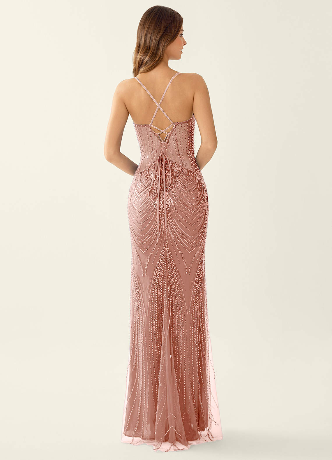 Magnolia Mermaid Beaded Sequined Stretch Mesh Evening Dress in Dusty Pink