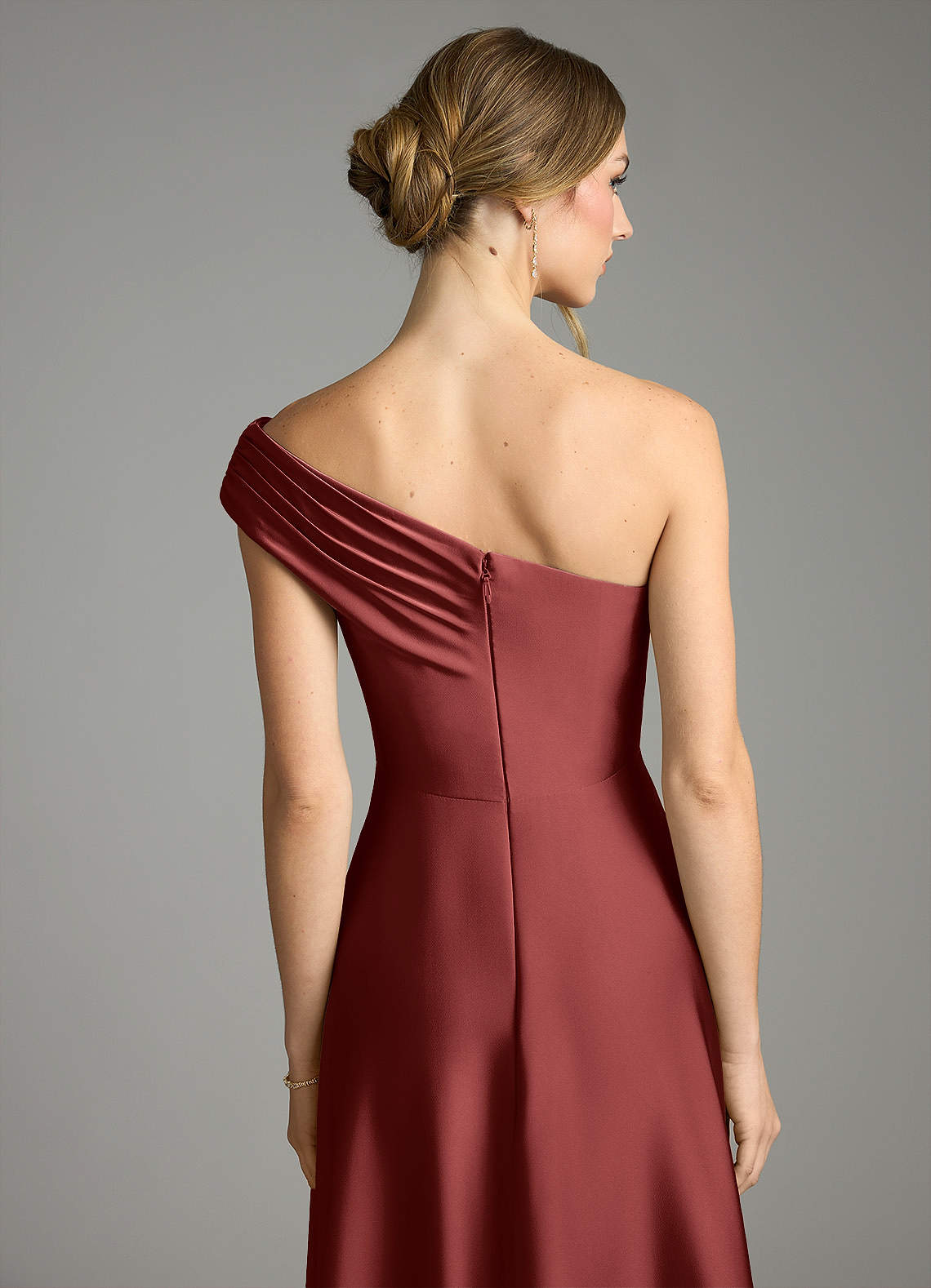 Melanie A-Line One-Shoulder Stretch Satin Bridesmaid Dress in Terracotta