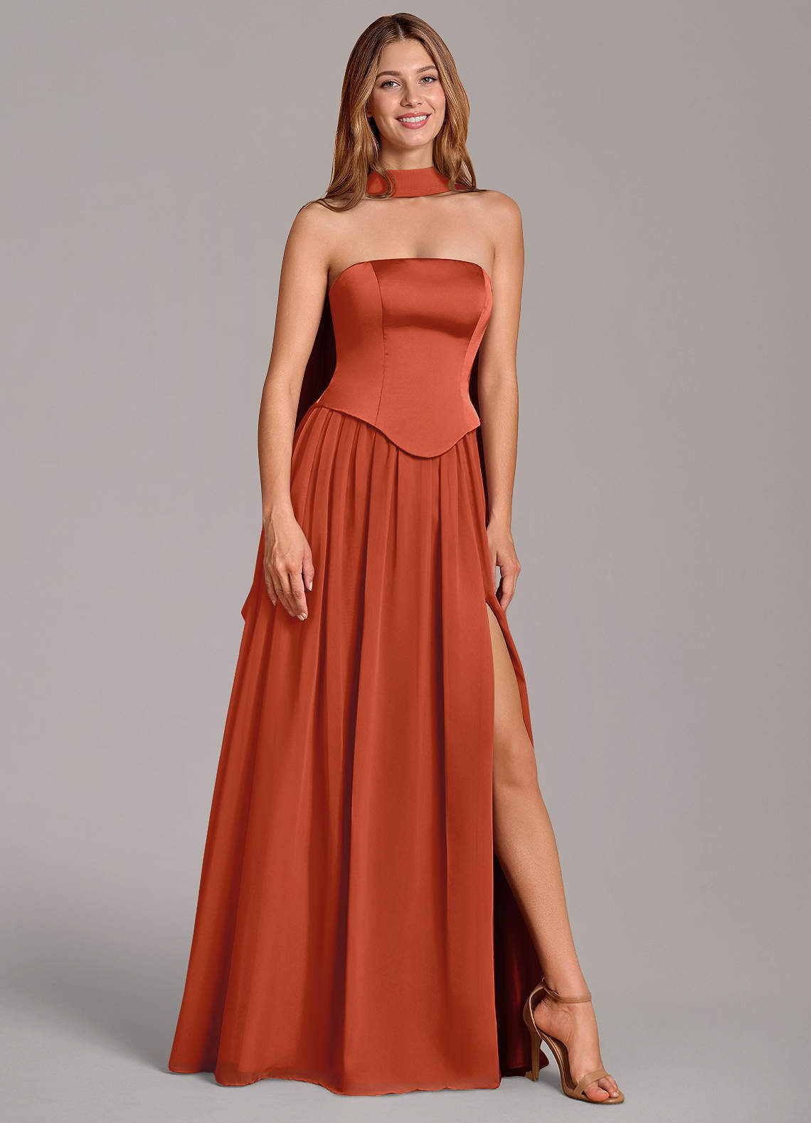 Cadence A-Line Strapless Chiffon and Stretch Satin Bridesmaid Dress in Rust