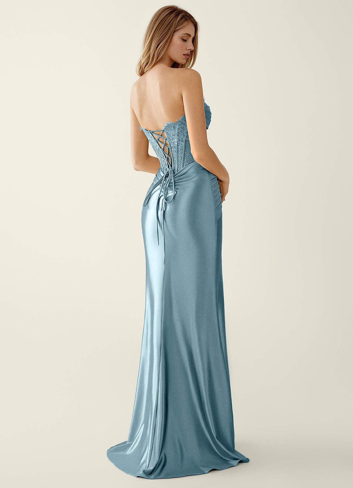 Sasha Mermaid Strapless Stretch Satin Evening Dress in dusty blue