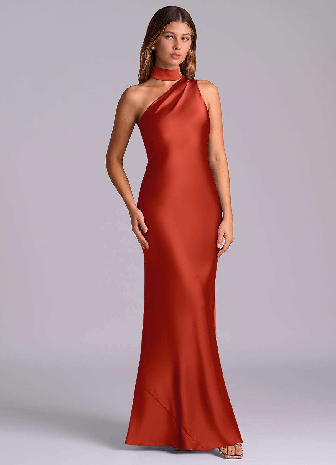 Seona Mermaid One-Shoulder Stretch Satin and Tulle Bridesmaid Dress in Rust