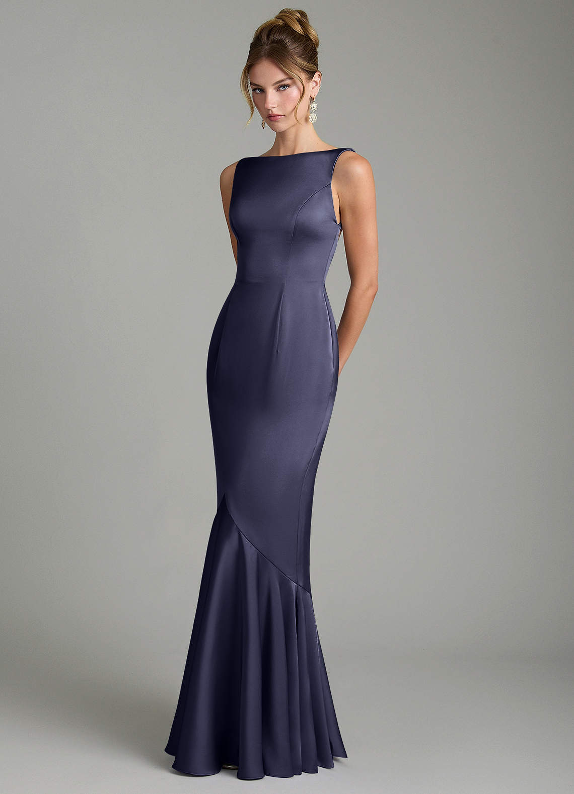 Tamera Mermaid Boat-Neck Stretch Satin and Chiffon Bridesmaid Dress in Stormy