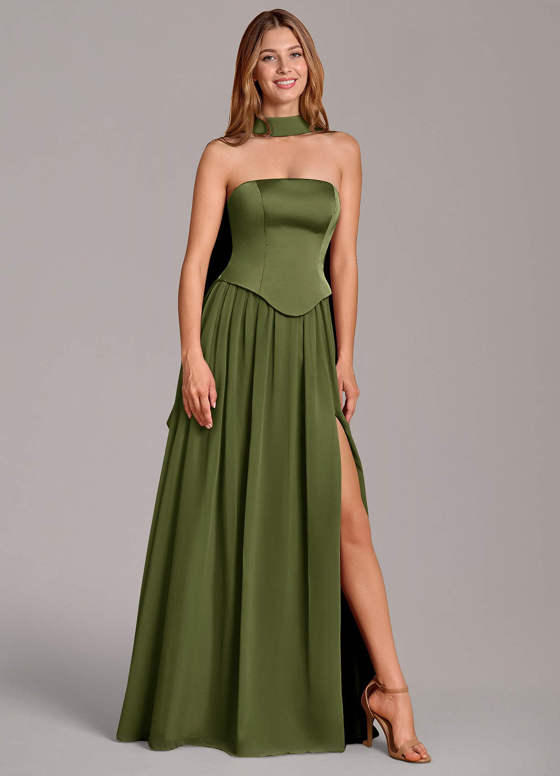 Cadence A-Line Strapless Chiffon and Stretch Satin Bridesmaid Dress in Olive