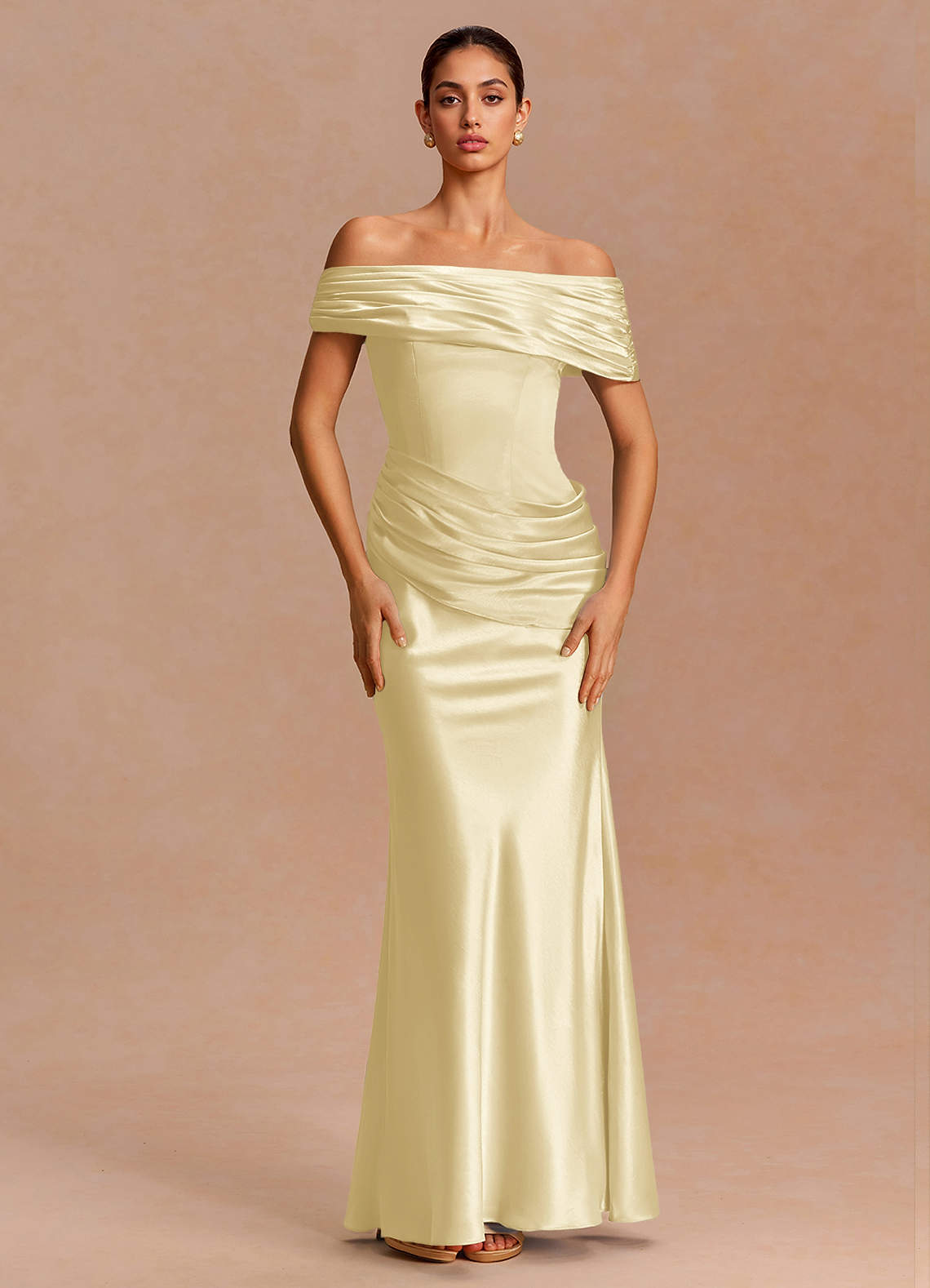 Leonie Strapless Draped-Shoulder Satin Evening Dress in Lemon Sorbet
