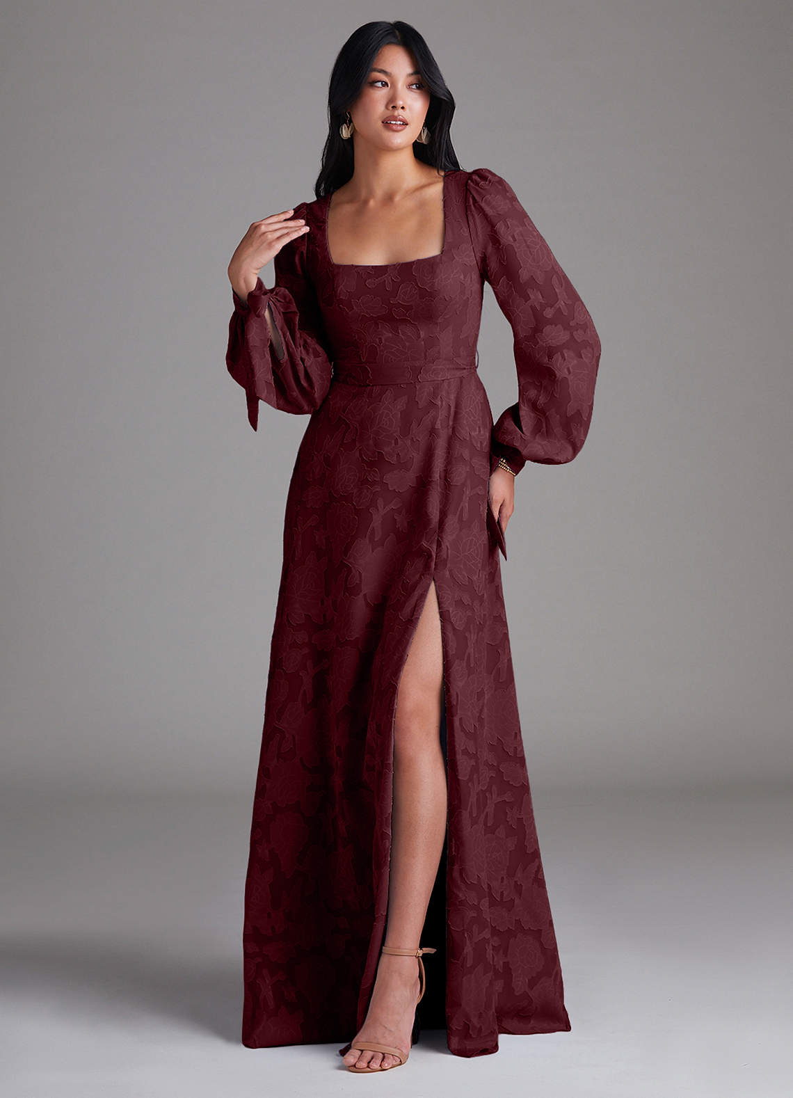 Leonia A-Line Square-Neck Stretch Satin Bridesmaid Dress in Cabernet