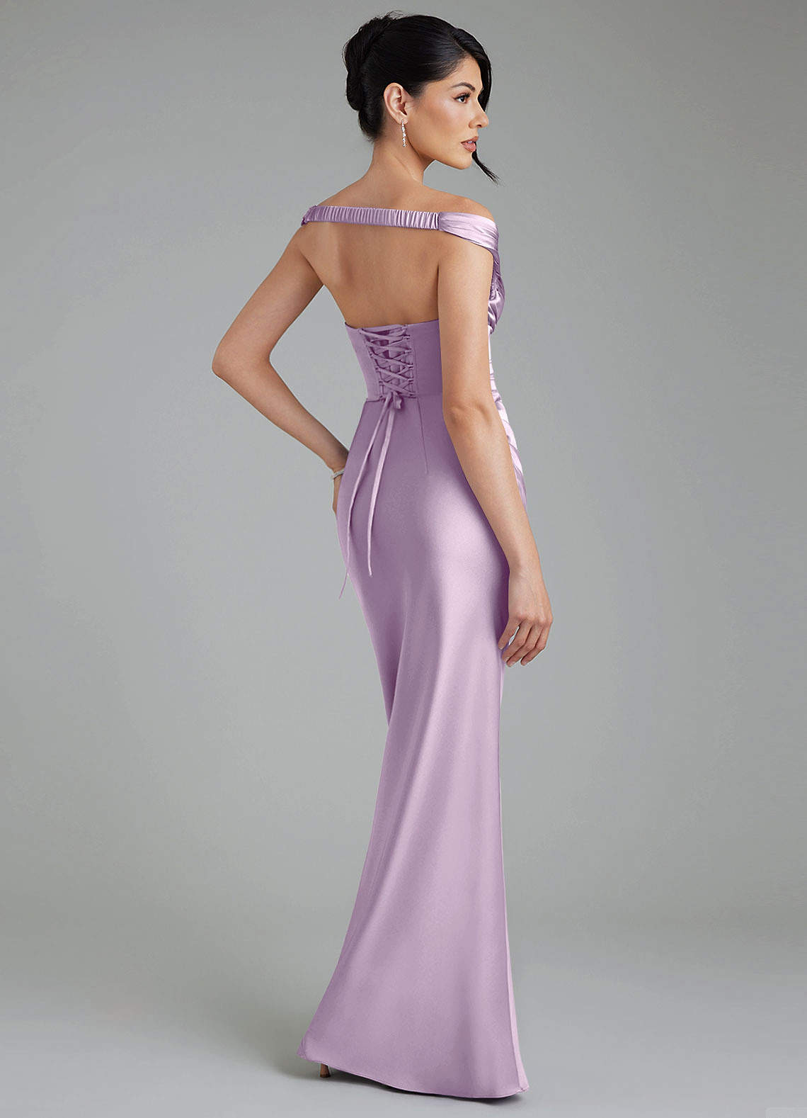 Stella Sheath V-Neck Stretch Satin Bridesmaid Dress in Frosted Lilac