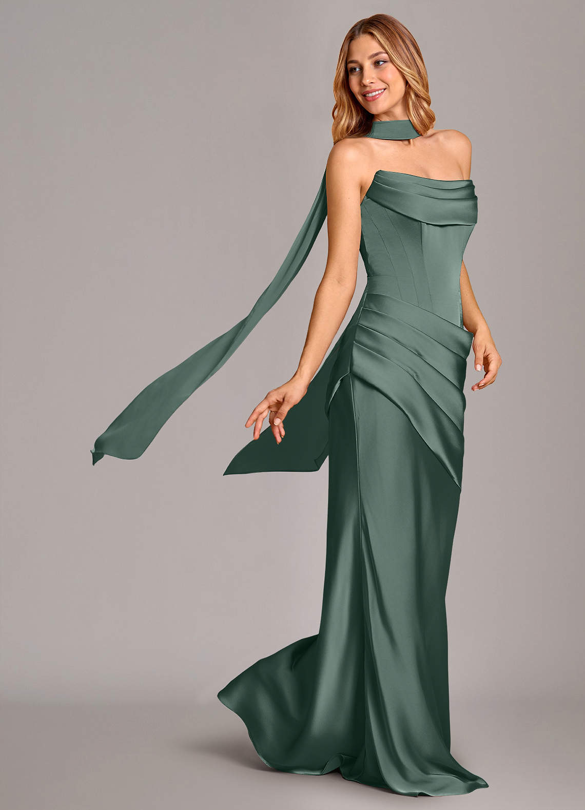 Pelagia Mermaid Cowl-Neck Stretch Satin Bridesmaid Dress in Sea Moss