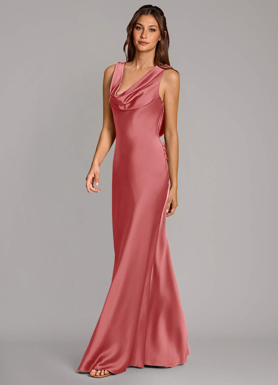 Cheryl Mermaid Cowl-Neck Stretch Satin Bridesmaid Dress in Antique Rose