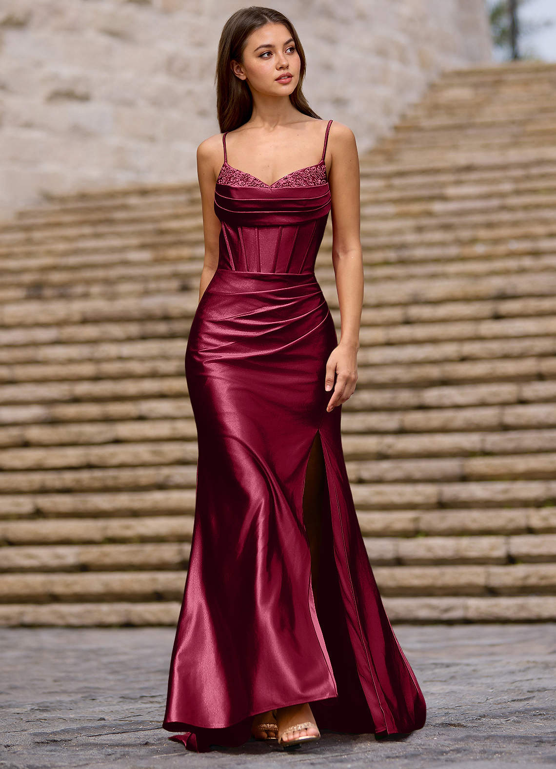 Glow Strapless Corset Slit Stretch Satin Evening Dress in Burgundy