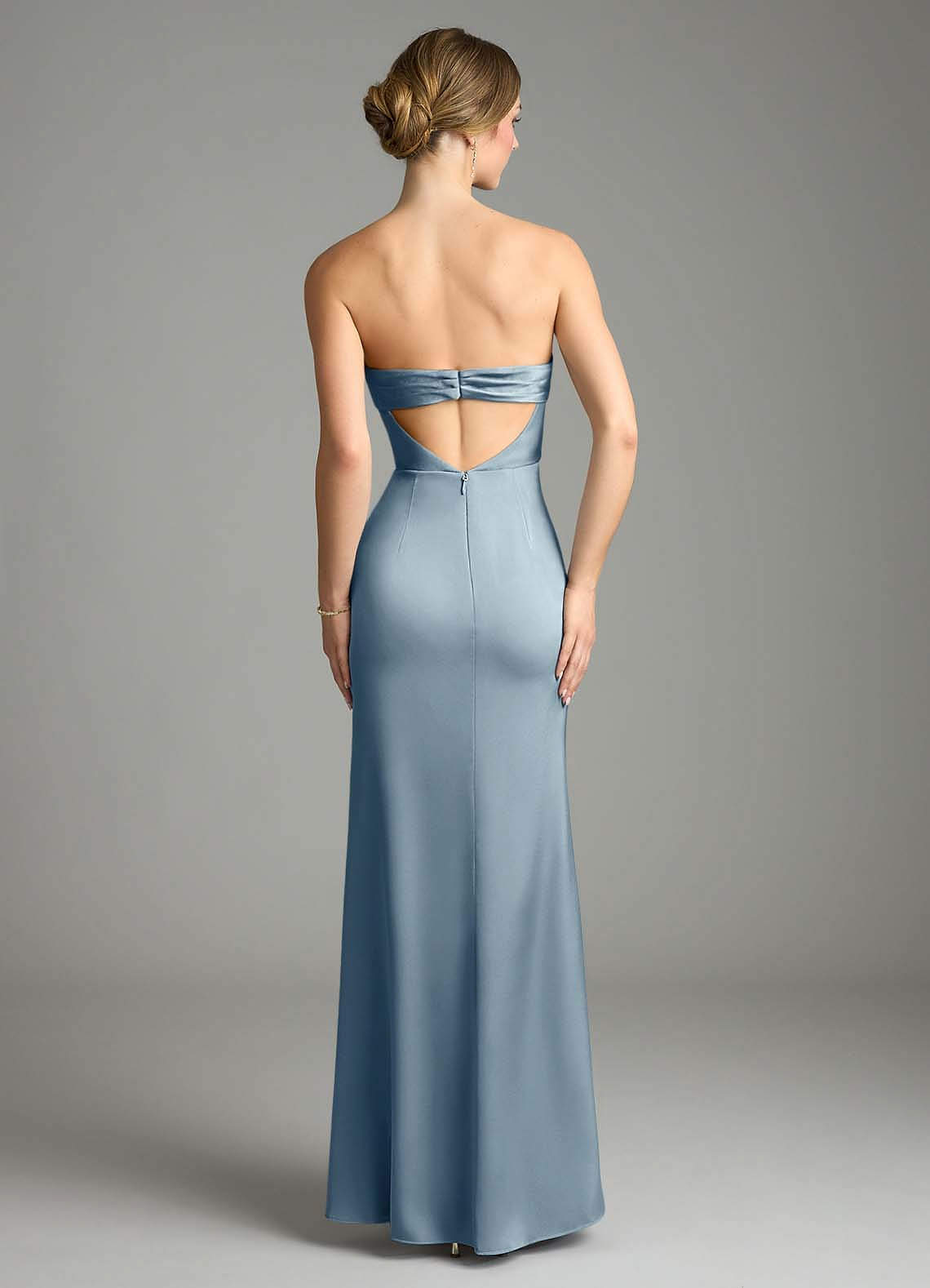 Leonis Mermaid Cowl-Neck Stretch Satin Bridesmaid Dress in dusty blue