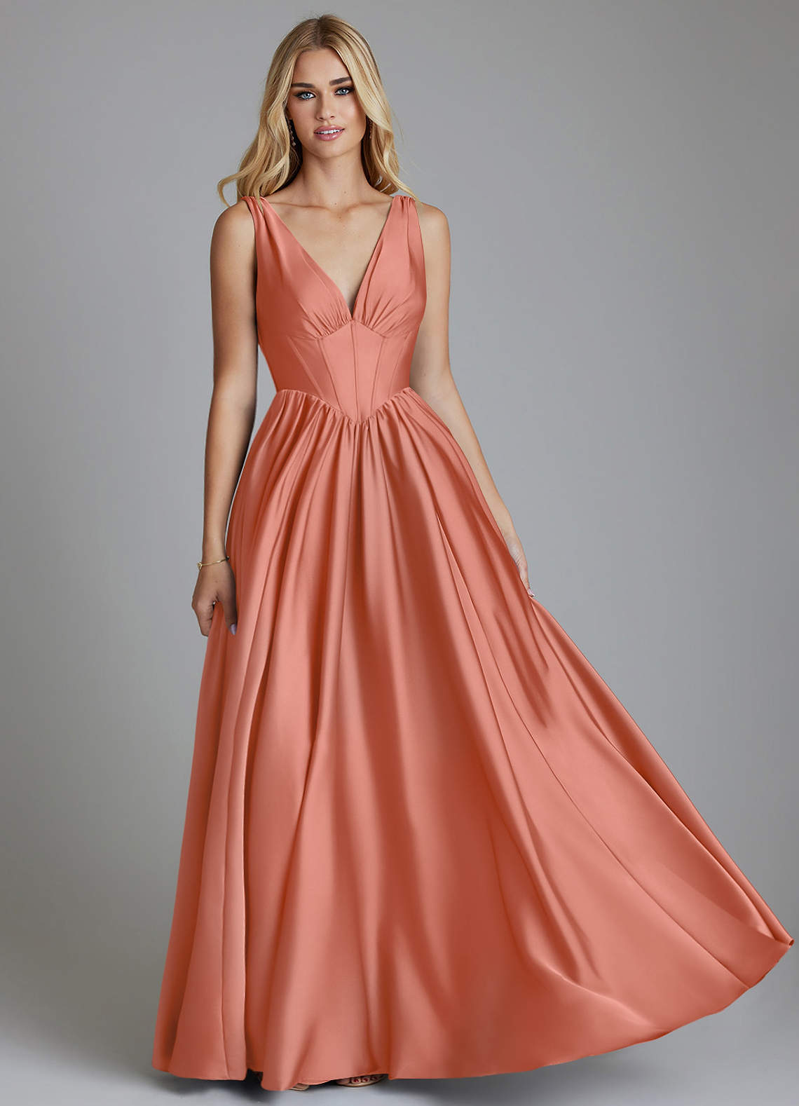 Delmie A-Line V-Neck Stretch Satin Bridesmaid Dress in Salmon Pink