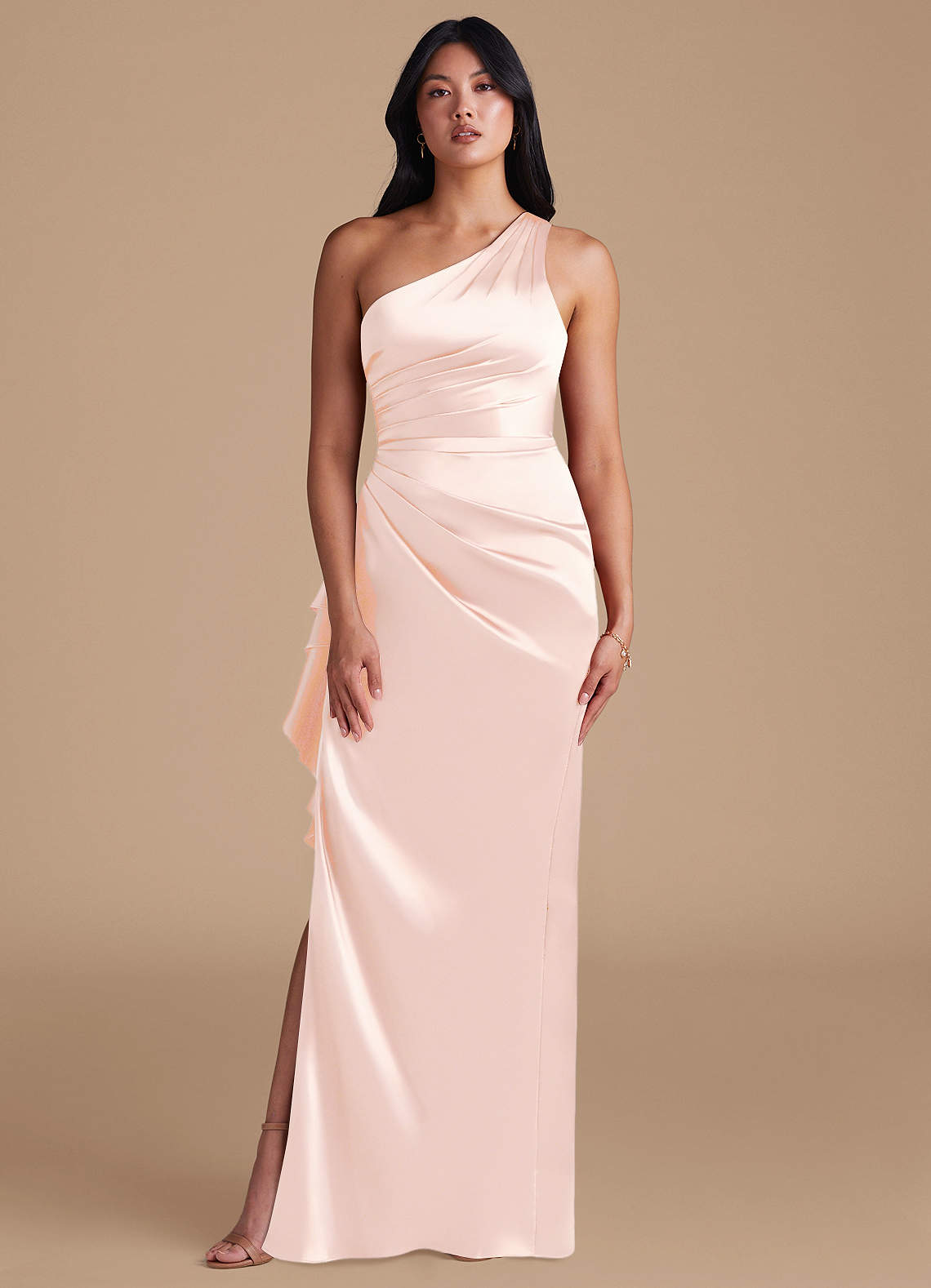 Latrice Sheath One-Shoulder Metallic Satin Bridesmaid Dress in rose gold