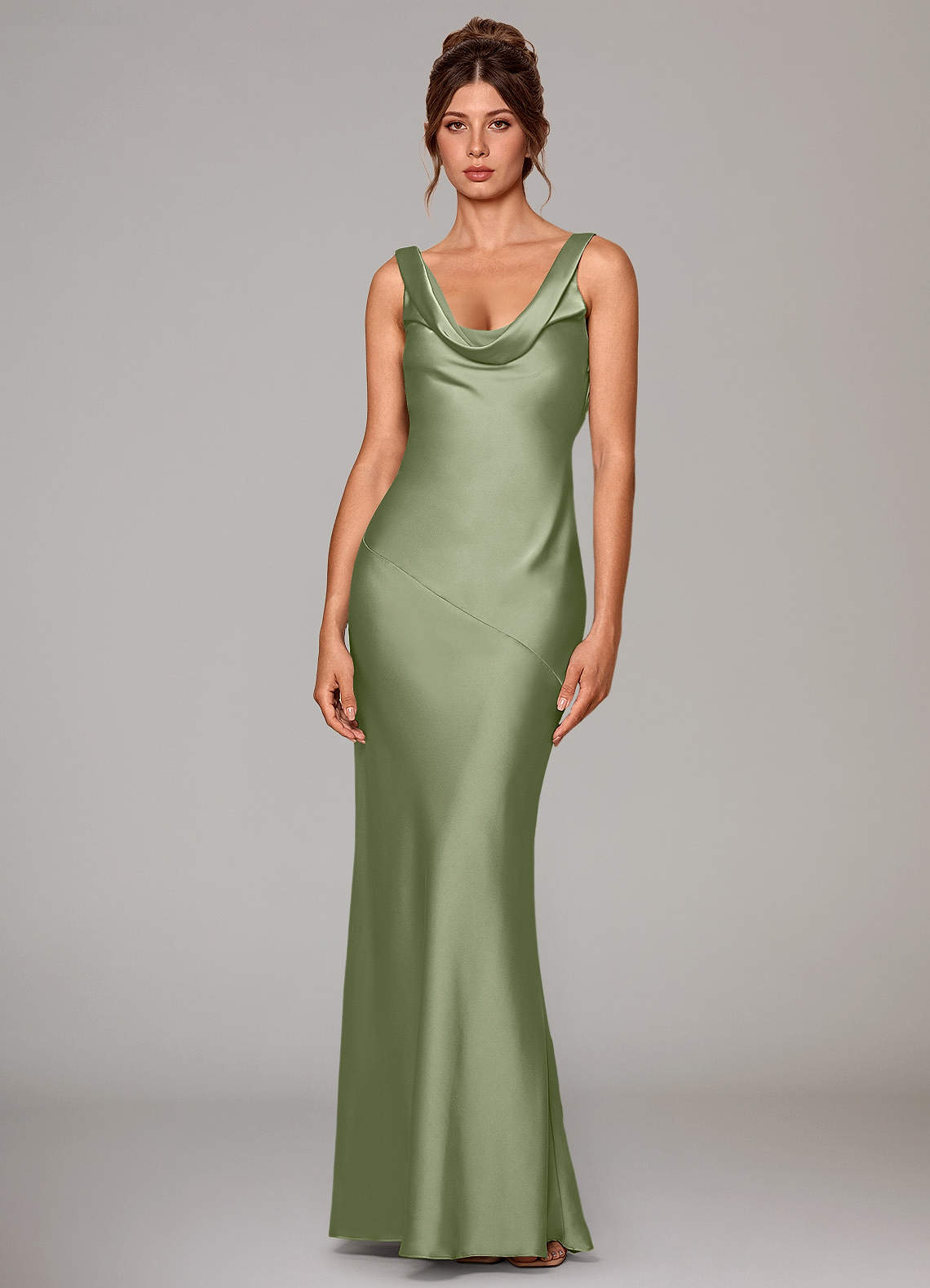 Rylina Mermaid Cowl-Neck Stretch Satin Bridesmaid Dress in Pistachio