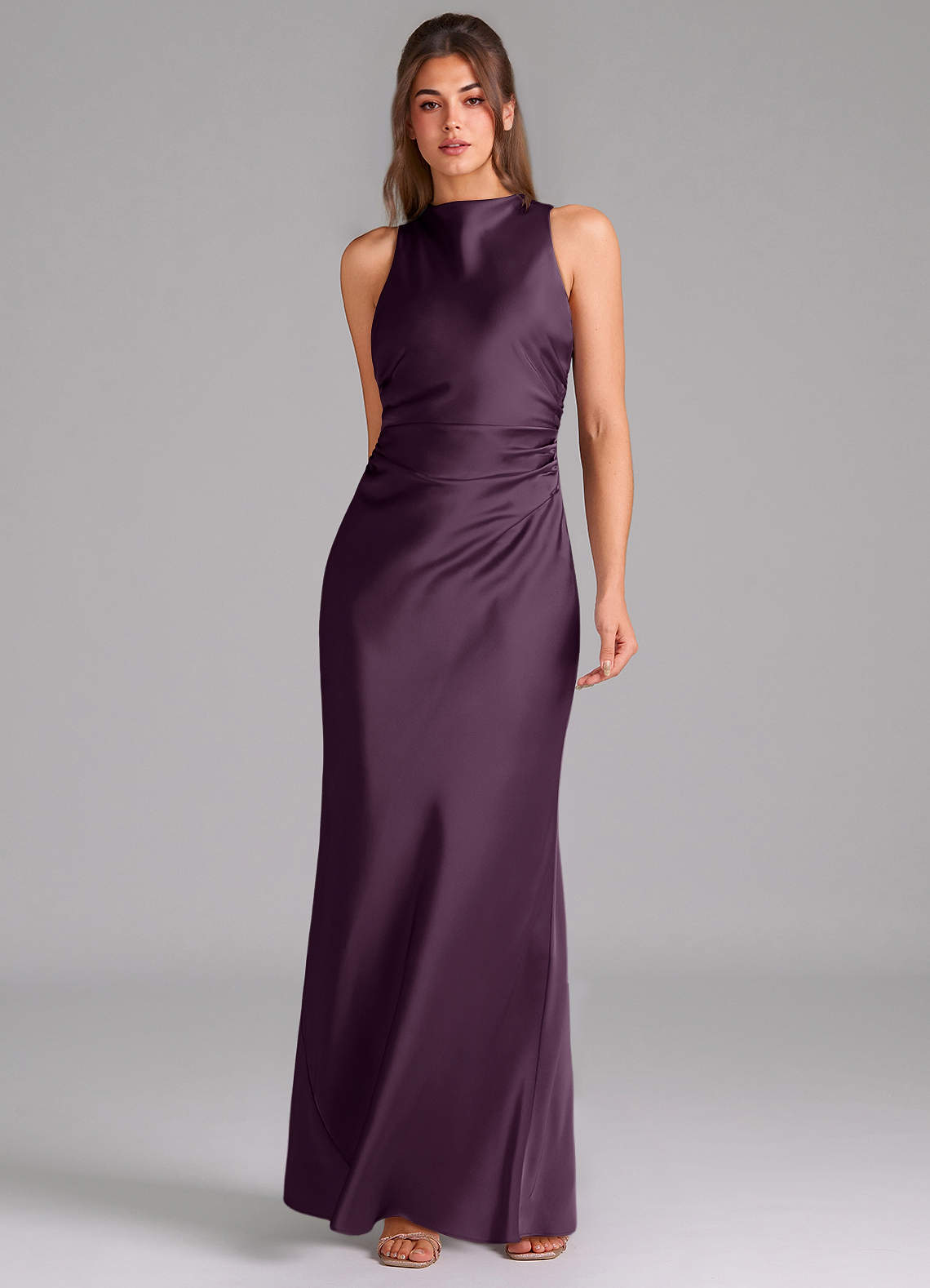 Evadne Sheath Scoop-Neck Stretch Satin Bridesmaid Dress in Plum