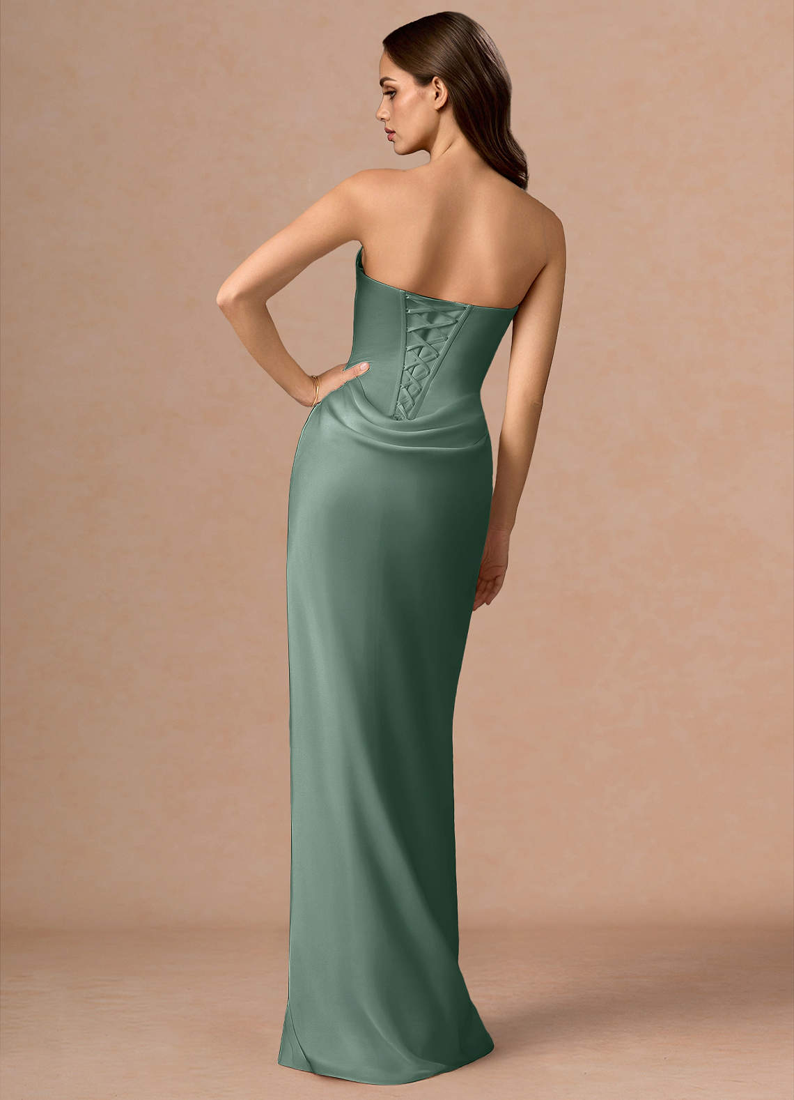 Valencia Scarf Lace-Up Stretch Satin Evening Dress in eucalyptus