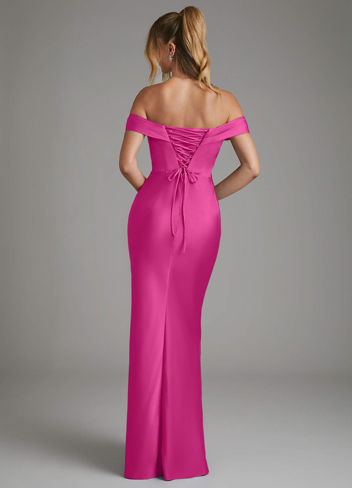Hayden Mermaid Off-the-Shoulder Stretch Satin Bridesmaid Dress in Fuchsia