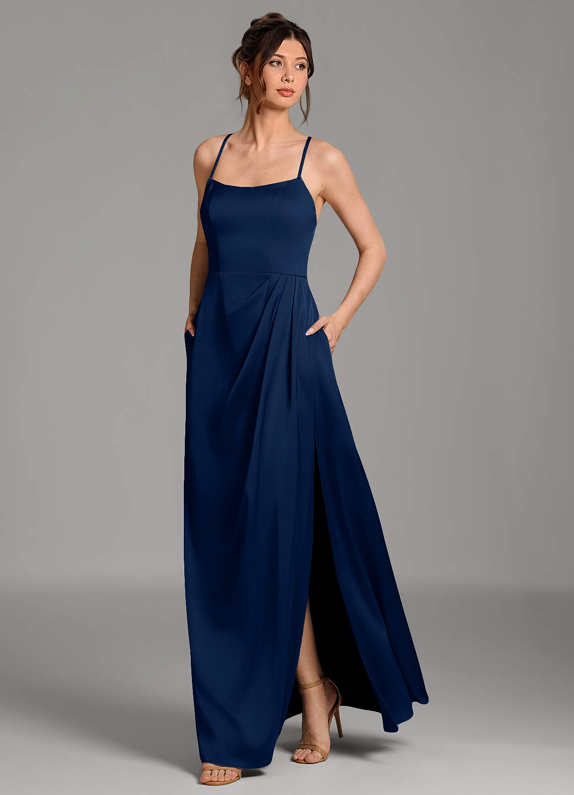 Frankie A-Line Scoop-Neck Stretch Satin Bridesmaid Dress in Dark Navy