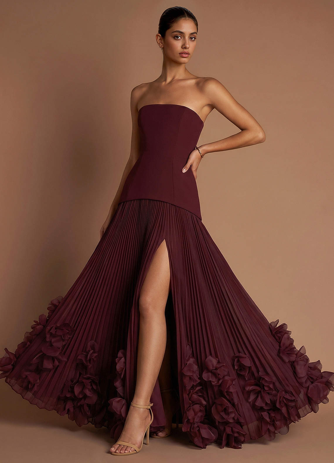 Marnie A-Line Corset Crepe Chiffon Evening Dress in Wine
