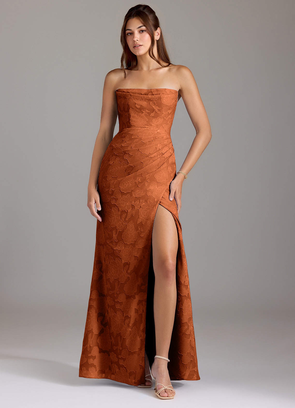 Leonis Sheath Strapless Floral Burnout Bridesmaid Dress in Burnt Orange