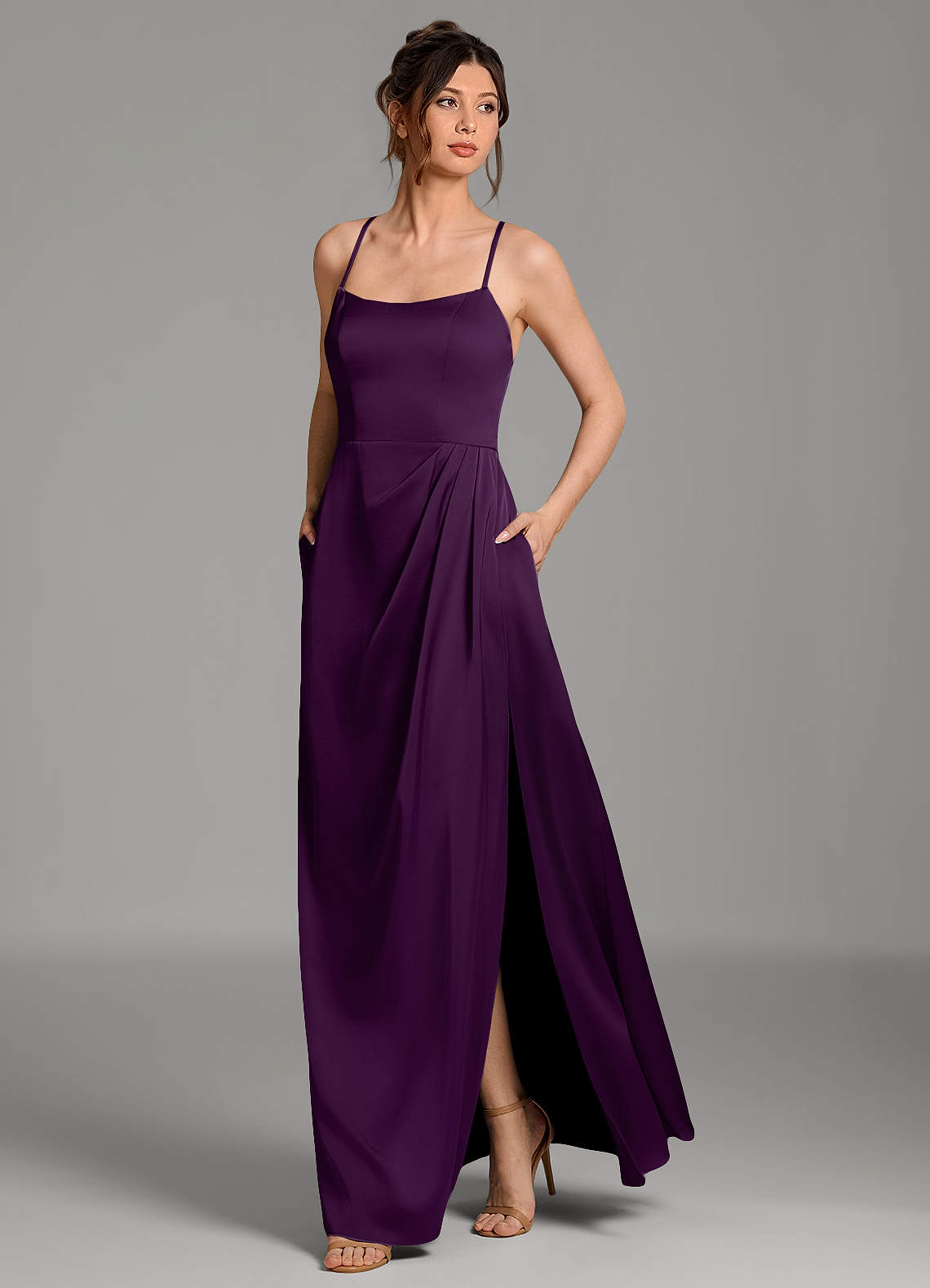 Frankie A-Line Scoop-Neck Stretch Satin Bridesmaid Dress in Grape