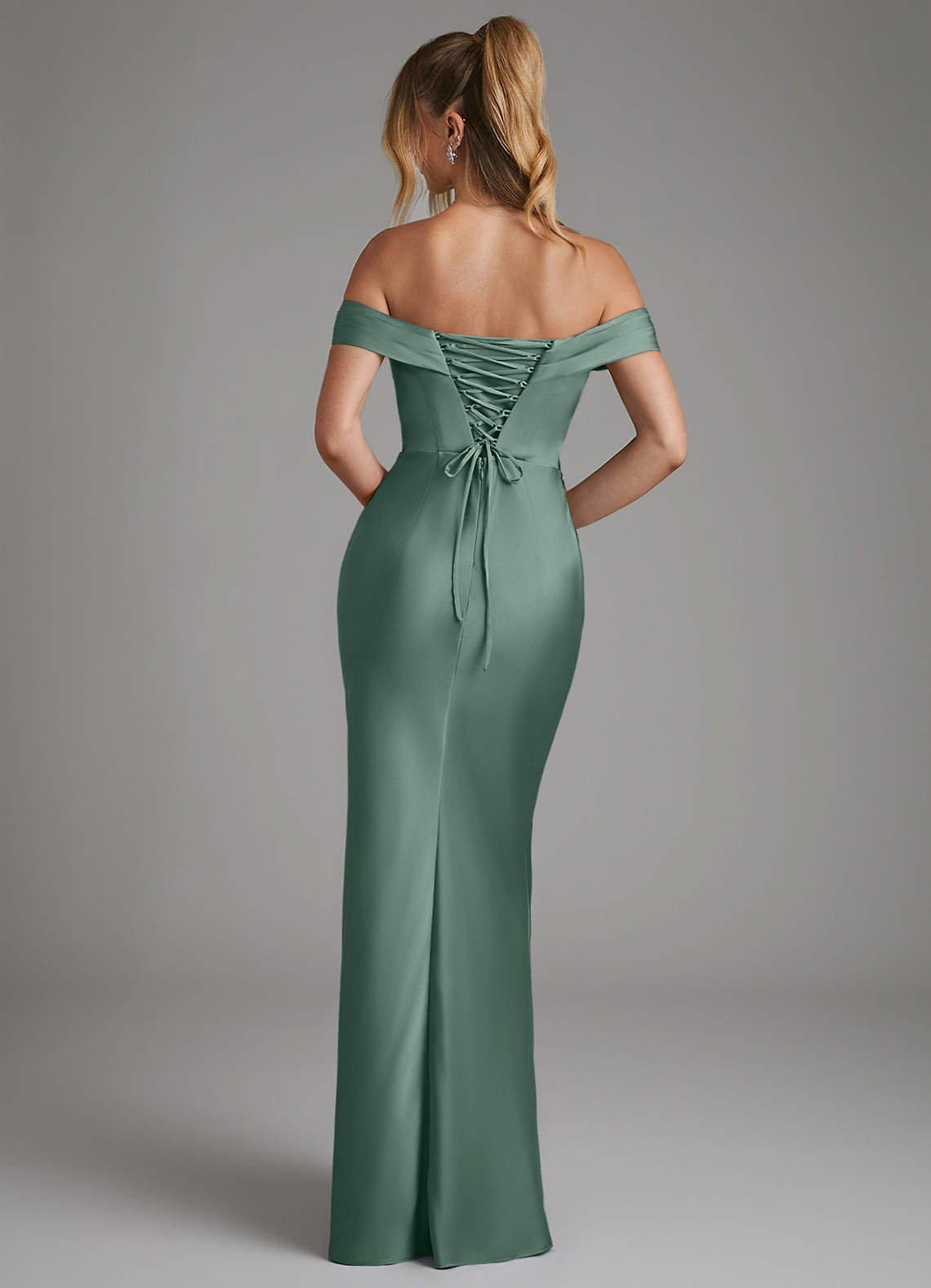 Hayden Mermaid Off-the-Shoulder Stretch Satin Bridesmaid Dress in Eucalyptus