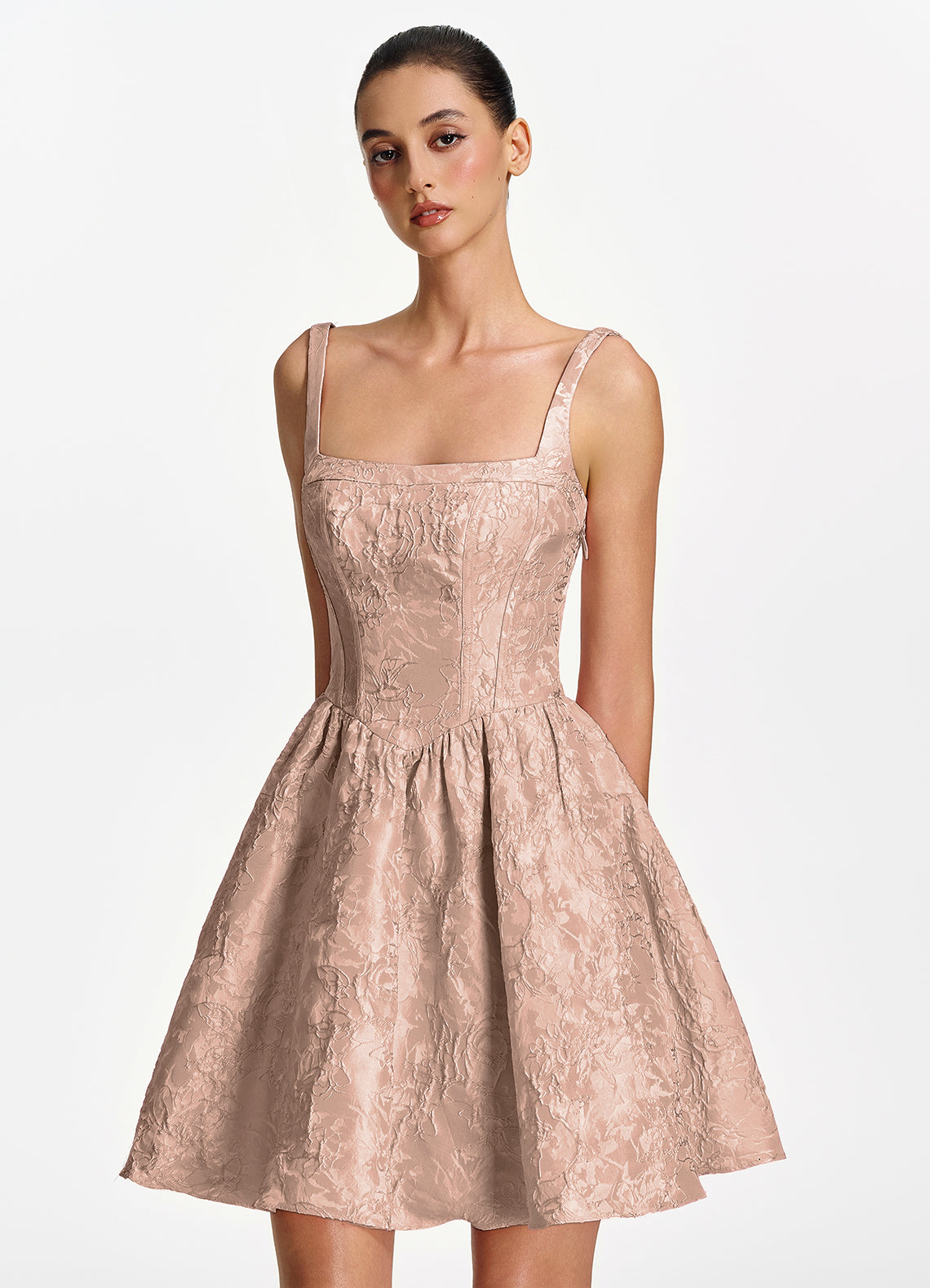 Lionelle Skater Mini Square-Neck Jacquard Prom Dress in Light Apricot