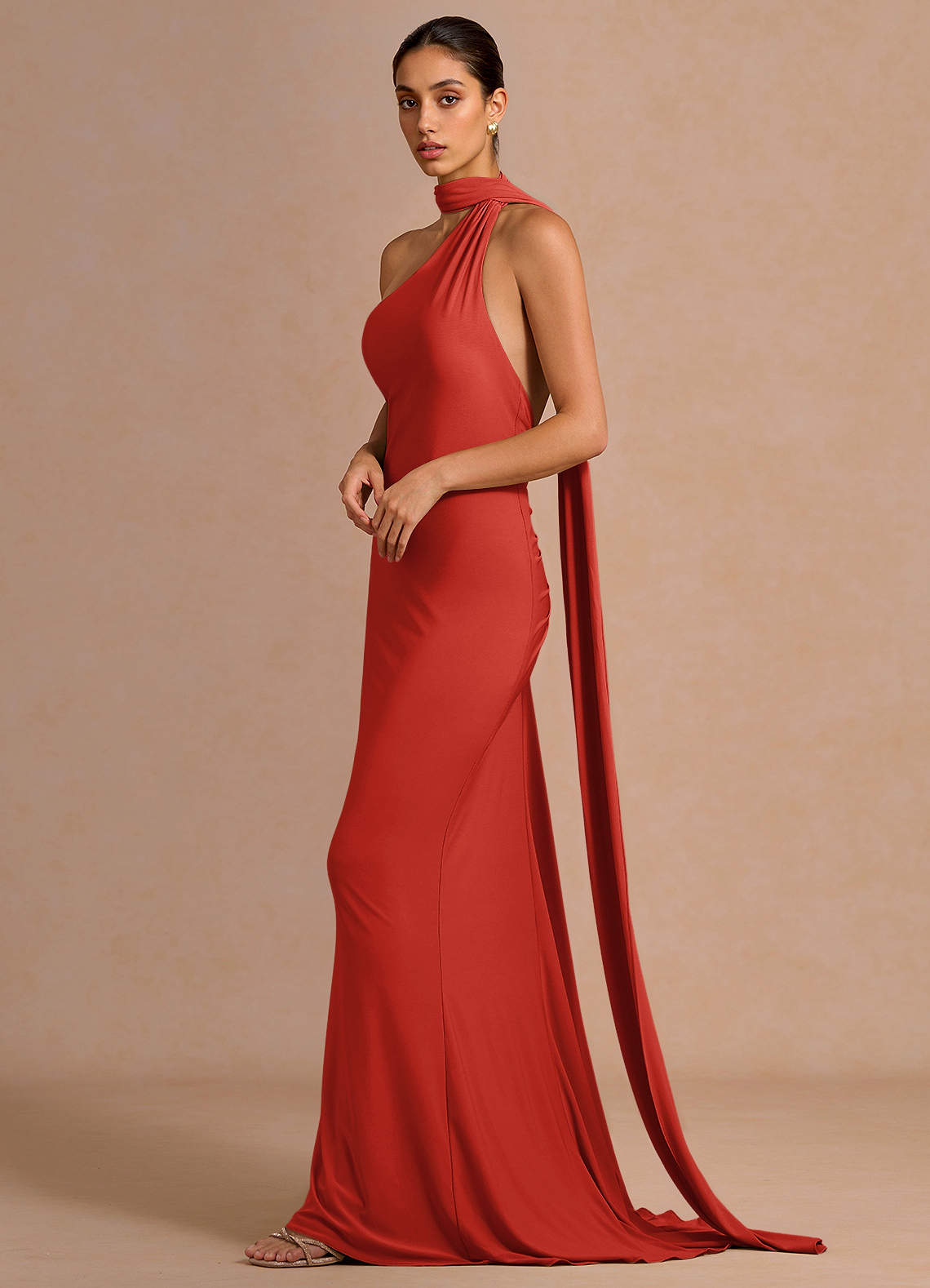 Miliani Sheath Neck-Tie Stretch Knit Evening Dress in Orange