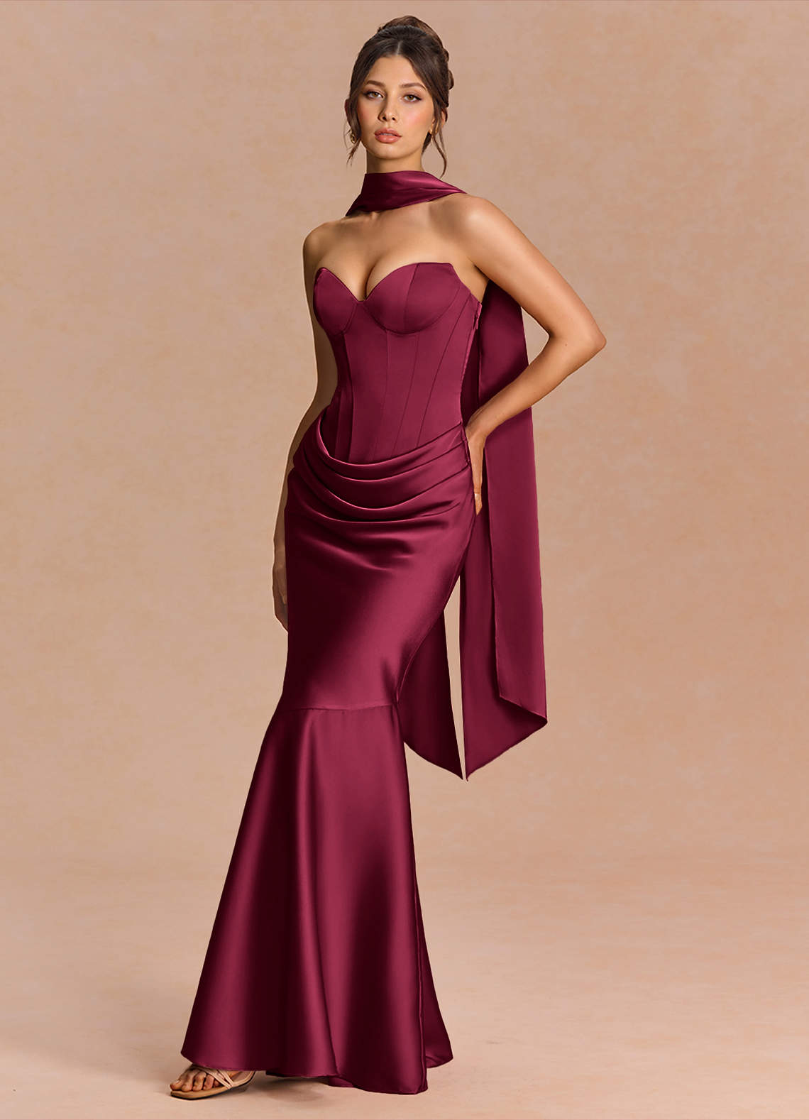 Euphemia Mermaid Strapless Stretch Satin Evening Dress in Merlot