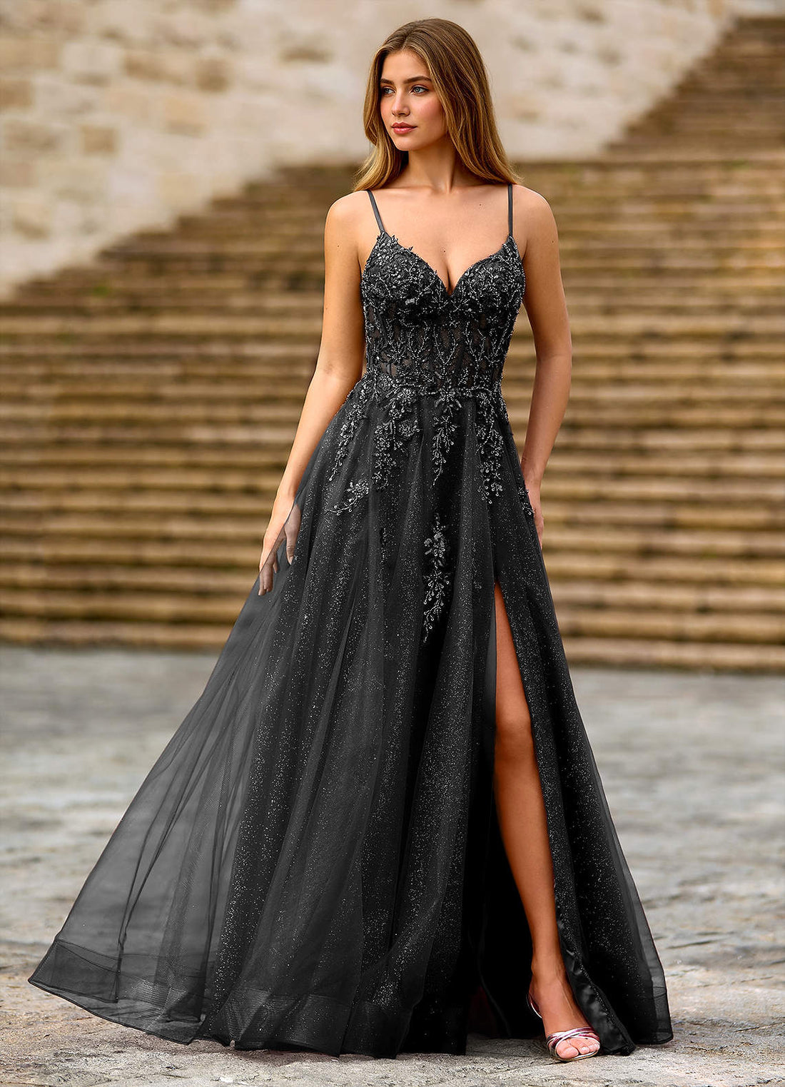 Milliener A-Line V-Neck Tulle Evening Dress in black