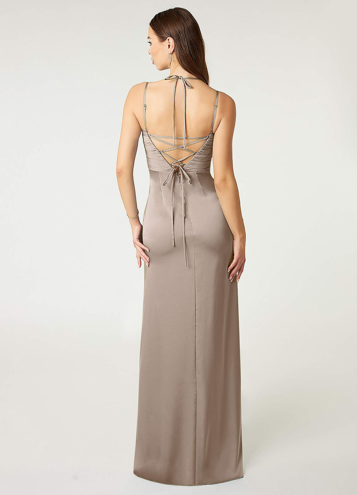 Desi Sheath Halter Stretch Satin Bridesmaid Dress in Taupe