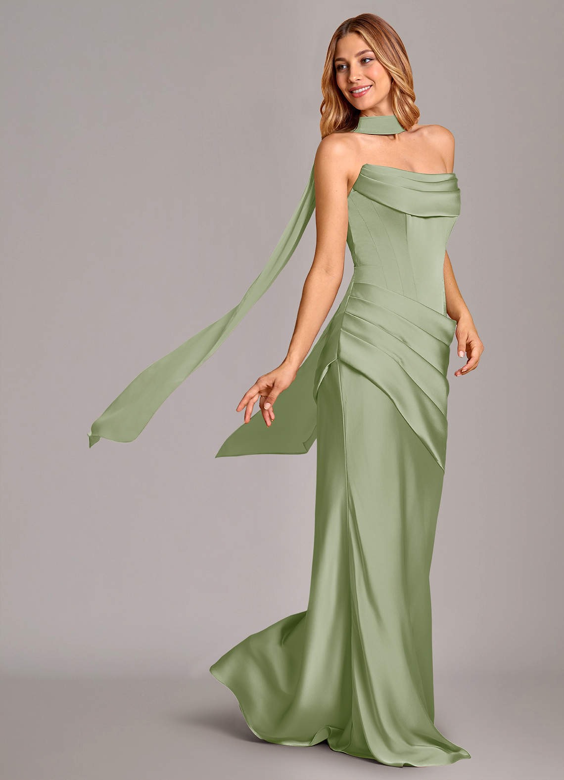 Pelagia Mermaid Cowl-Neck Stretch Satin Bridesmaid Dress in Dusty Sage