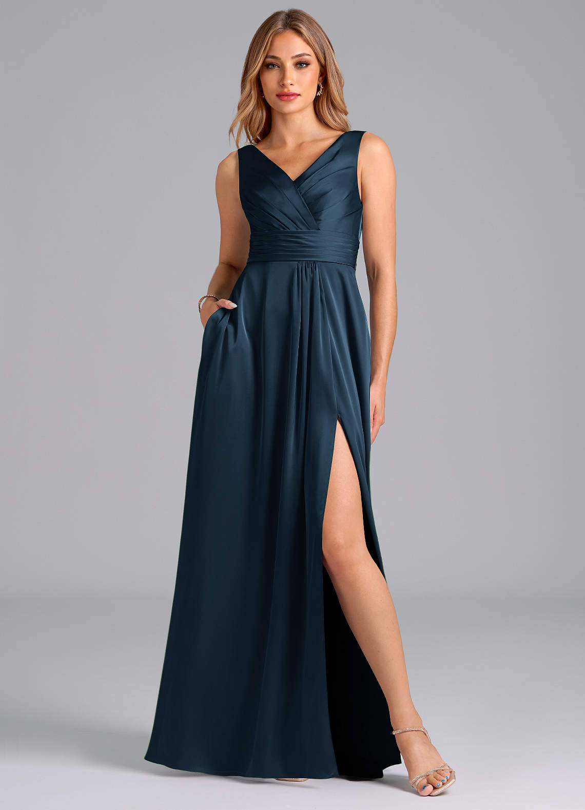 Karina A-Line V-Neck Stretch Satin Bridesmaid Dress in Dark Navy