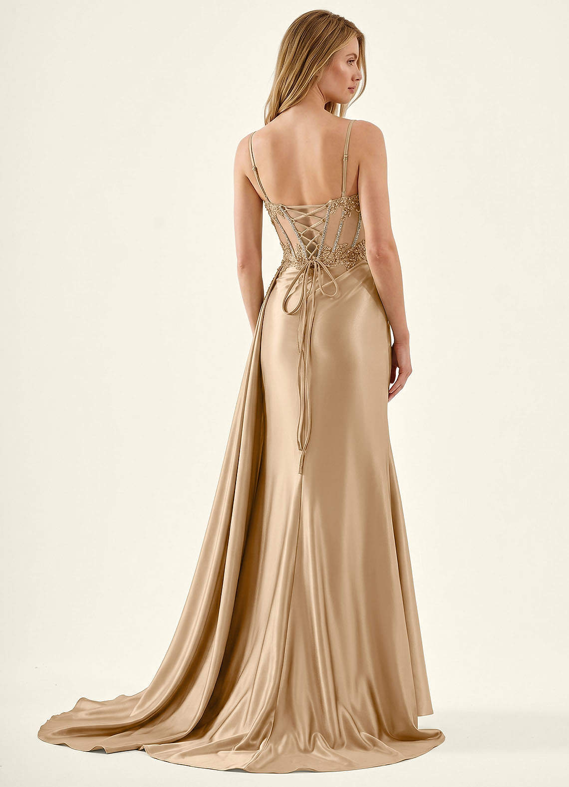 Celestianora Mermaid Beaded Stretch Satin Evening Dress in champagne