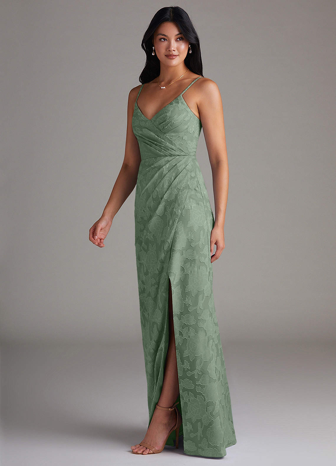 Maci Sheath V-Neck Floral Burnout Bridesmaid Dress in Matcha