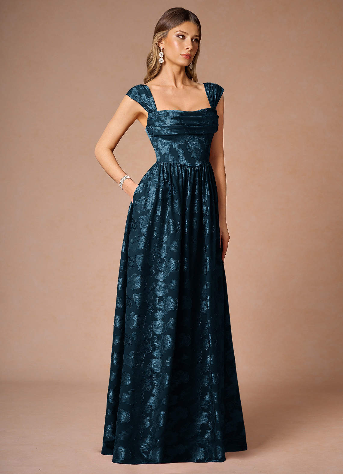 Hazel A-Line Cowl-Neck Fil Coupé Wedding Guest Dress in Navy