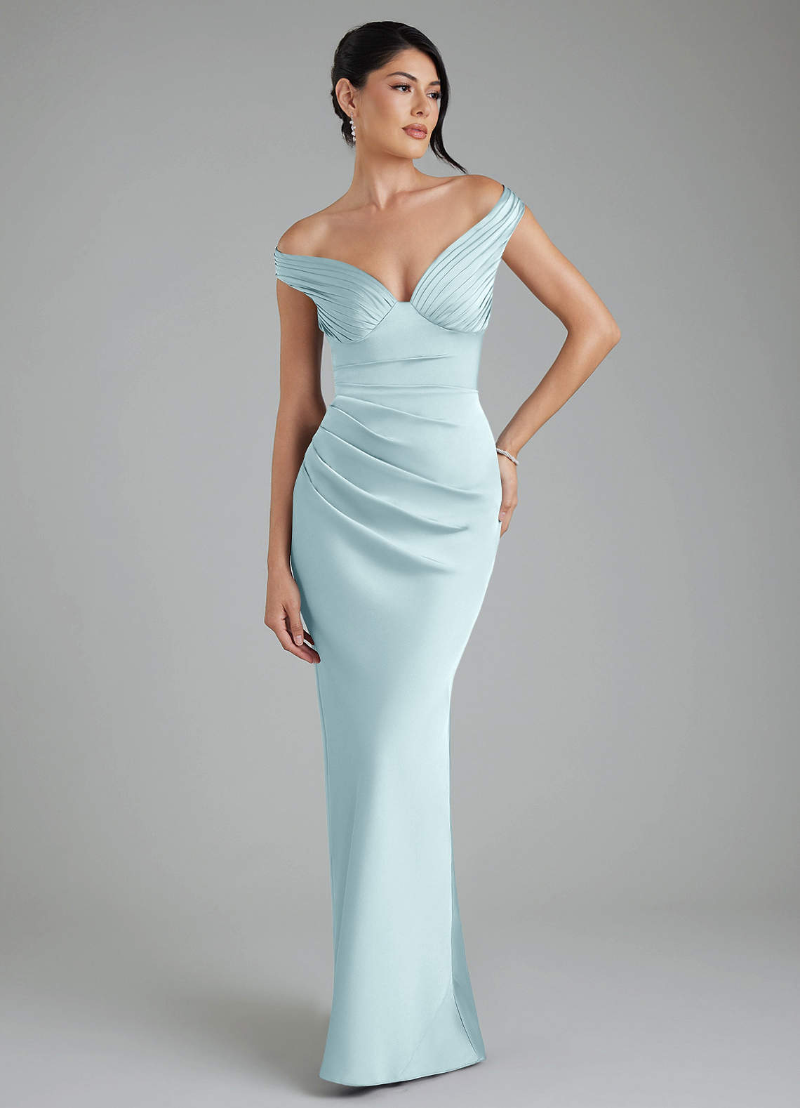 Stella Sheath V-Neck Stretch Satin Bridesmaid Dress in Cloud Blue