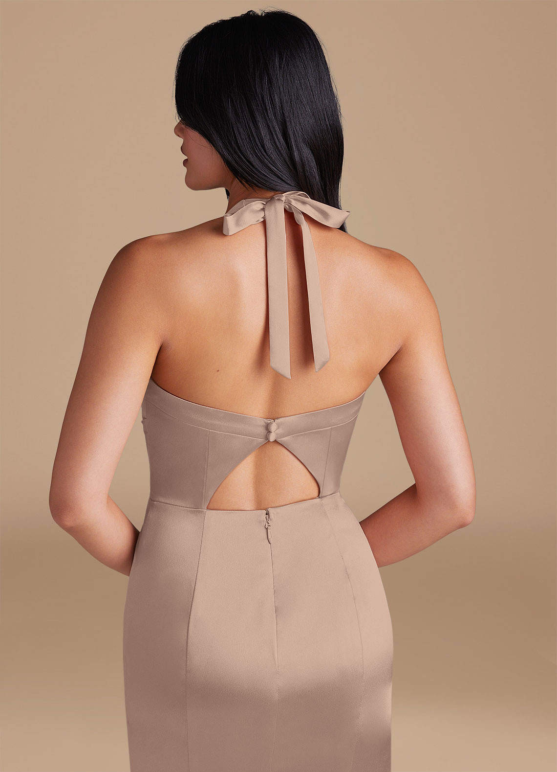 Emeria Sheath Halter Metallic Satin Bridesmaid Dress in Taupe