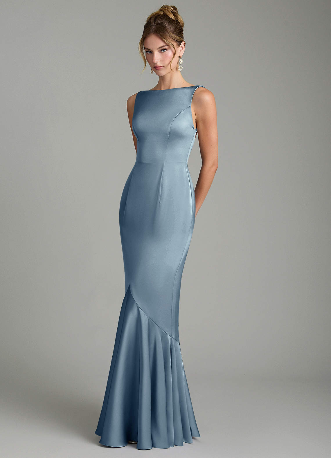 Tamera Mermaid Boat-Neck Stretch Satin and Chiffon Bridesmaid Dress in dusty blue