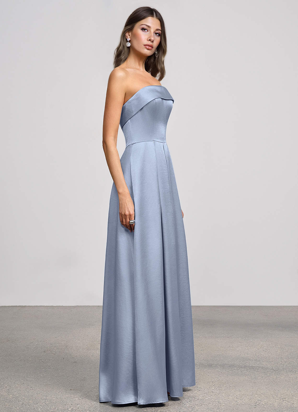 Isolde Strapless Folded-Neck Corset Luminous Satin Evening Dress in dusty blue
