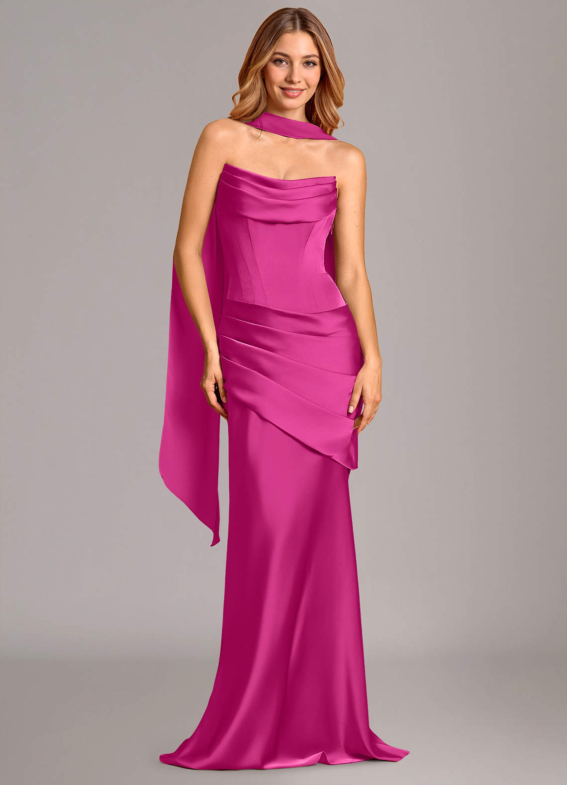 Pelagia Mermaid Cowl-Neck Stretch Satin Bridesmaid Dress in Fuchsia