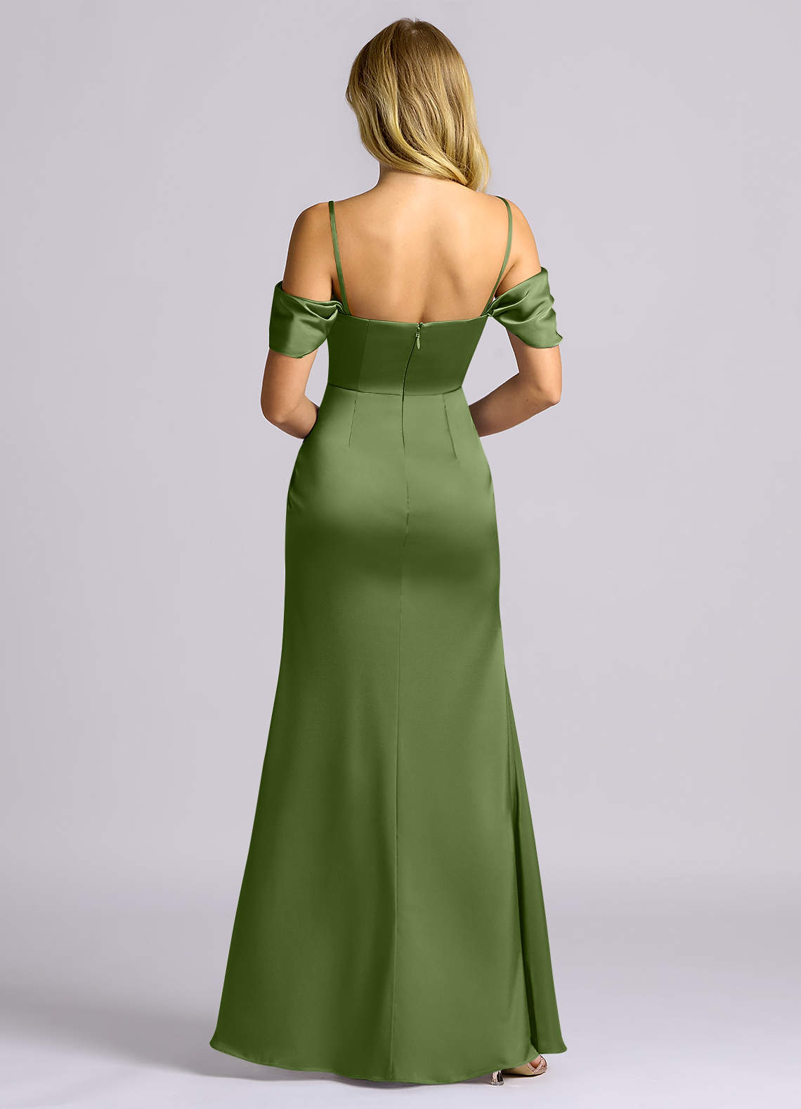 Auden Sheath Off-the-Shoulder Stretch Satin Bridesmaid Dress in Juniper