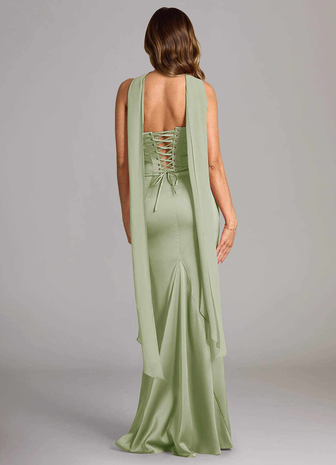Sorrel Mermaid Cowl-Neck Stretch Satin and Chiffon Bridesmaid Dress in Dusty Sage