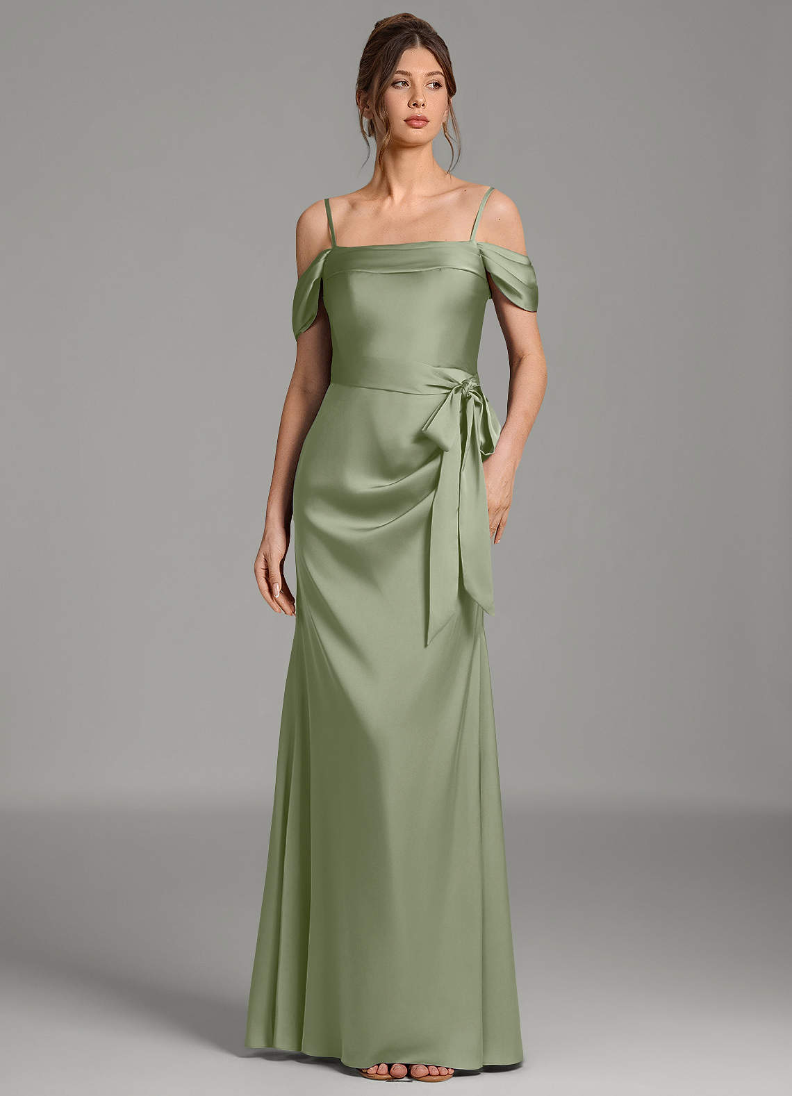 Wyatt Mermaid Off-the-Shoulder Stretch Satin Bridesmaid Dress in Pistachio