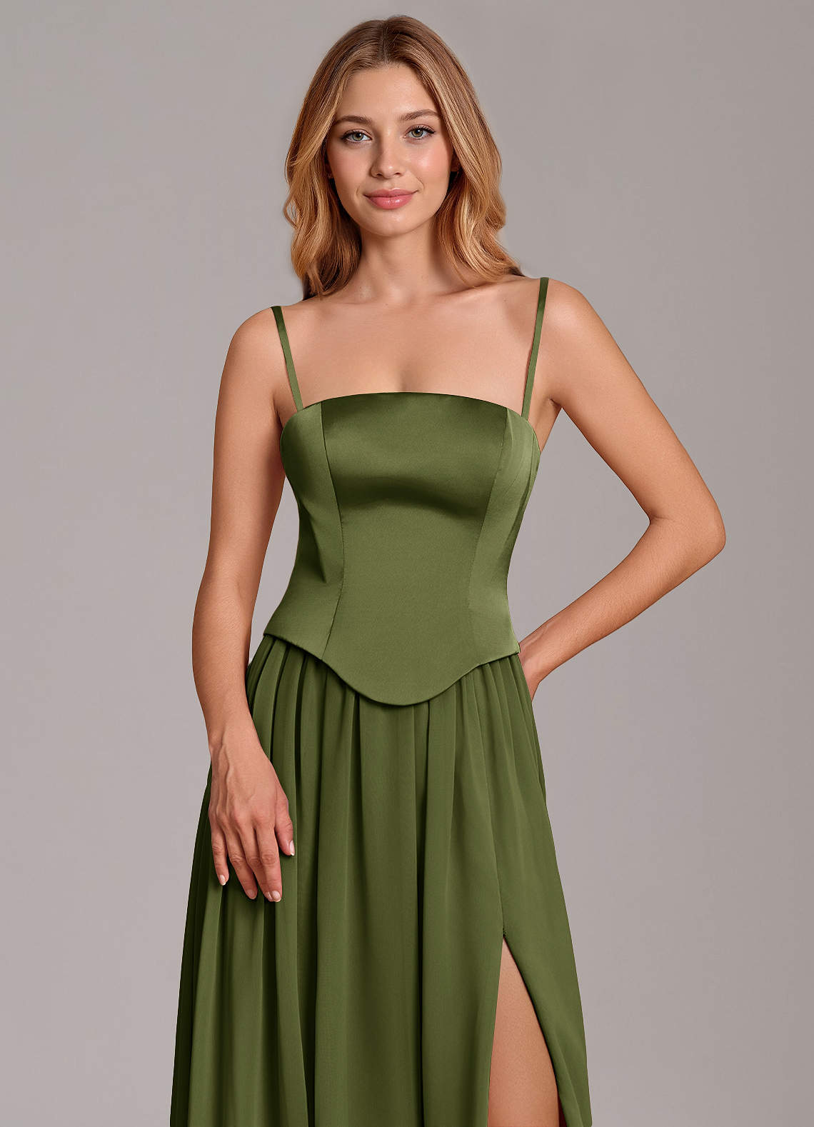 Cadence A-Line Strapless Chiffon and Stretch Satin Bridesmaid Dress in Olive