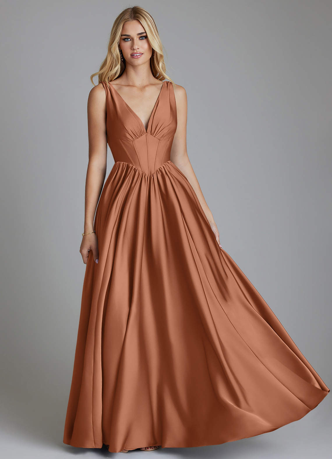 Delmie A-Line V-Neck Stretch Satin Bridesmaid Dress in Bronzer