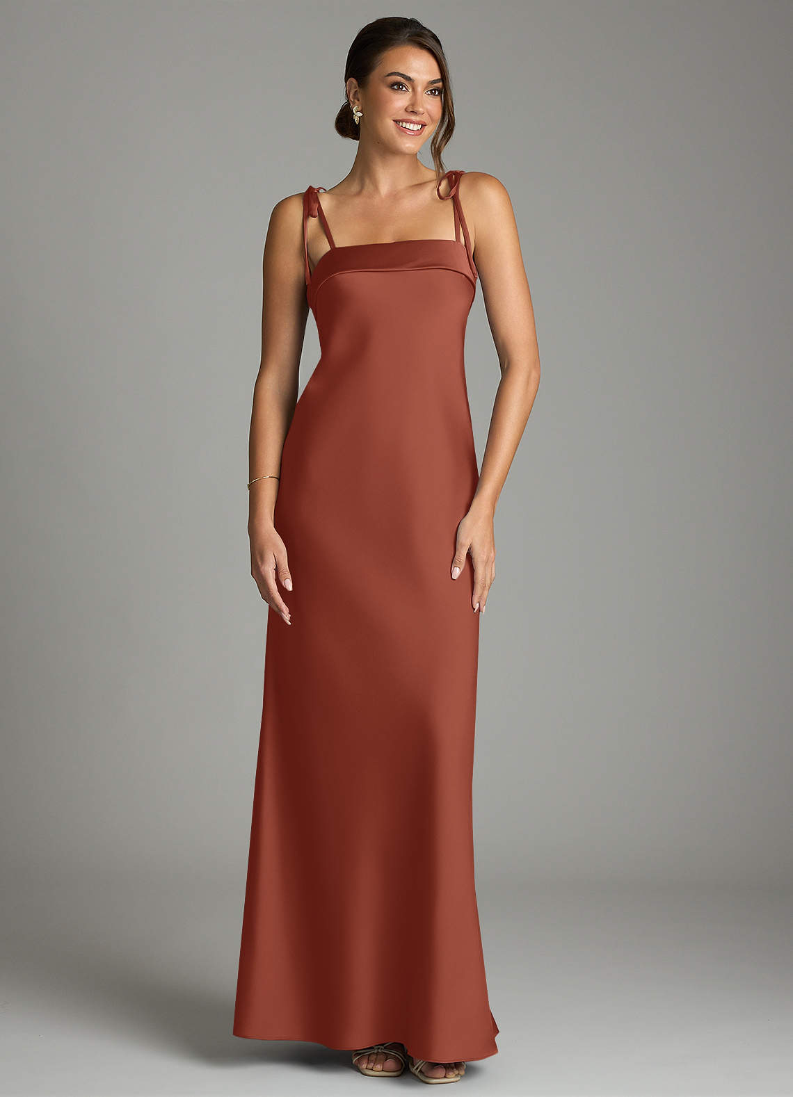 Ellia Sheath Straight-Neck Stretch Satin Bridesmaid Dress in Auburn