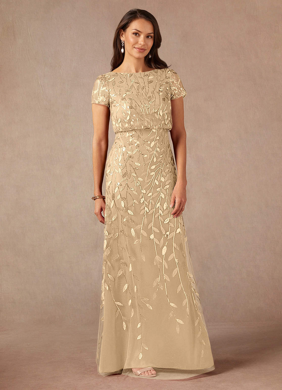 Lehi A-Line Boat-Neck Sequined Tulle Mother of the Bride Dress in champagne