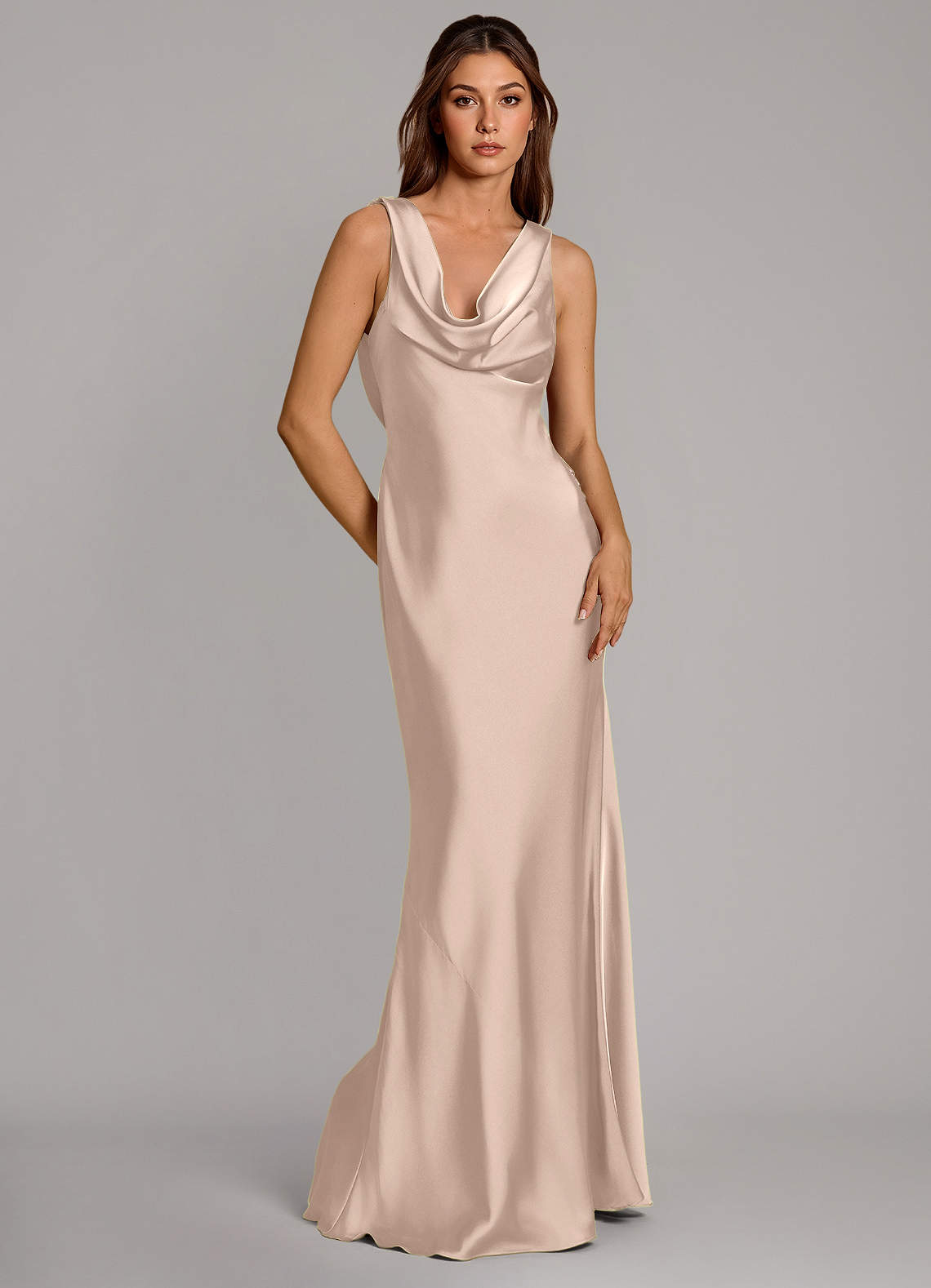 Cheryl Mermaid Cowl-Neck Stretch Satin Bridesmaid Dress in English Rose