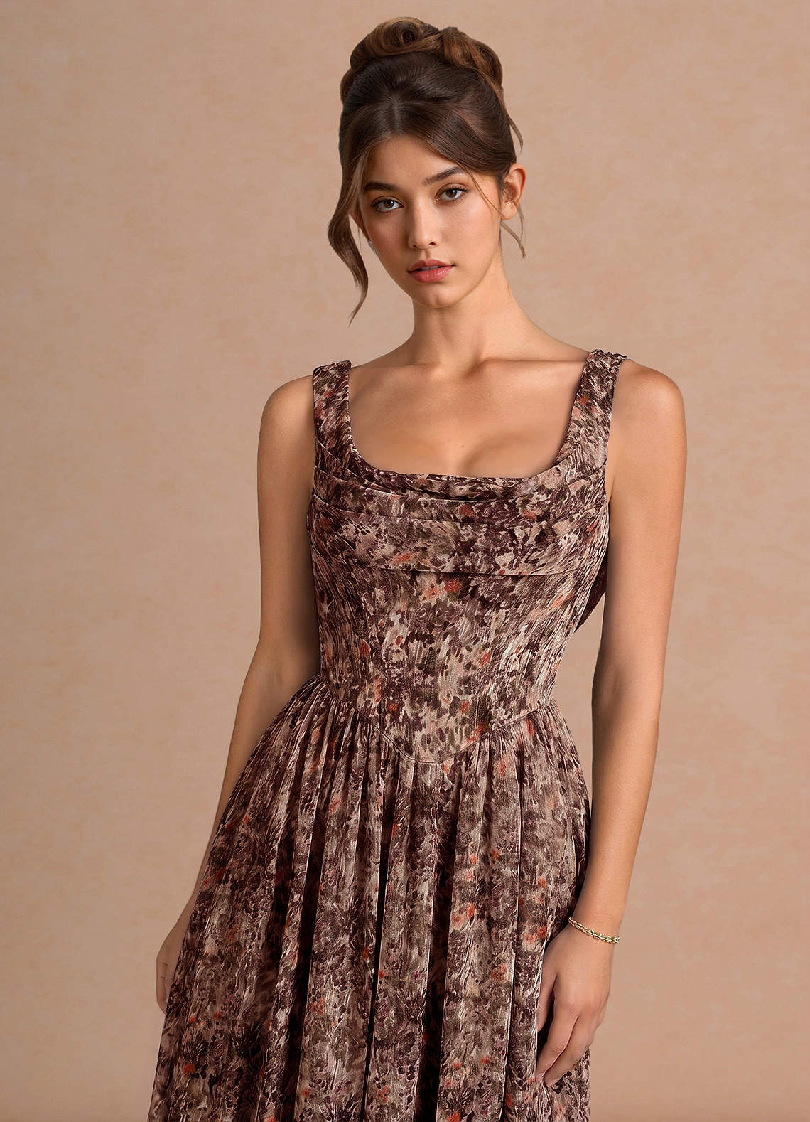 Aurore A-Line Cowl-Neck Chiffon Wedding Guest Dress in Truffle