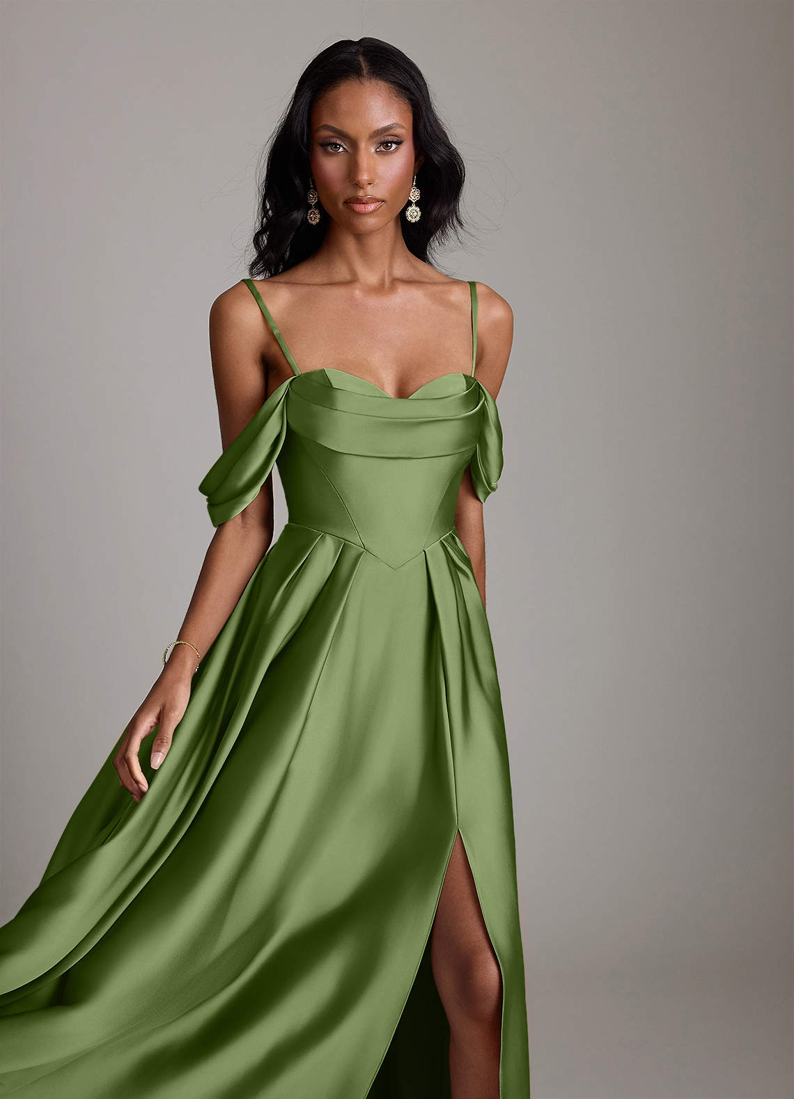 Loisa A-Line Off-the-Shoulder Stretch Satin Bridesmaid Dress in Juniper